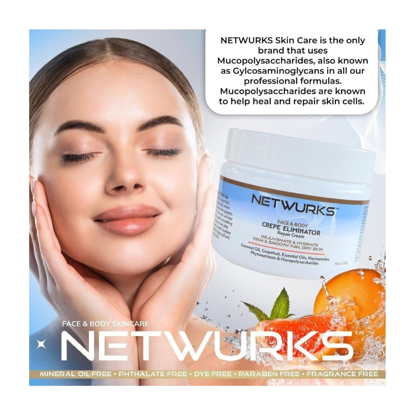 Netwurks Crepe Eliminator Face & Body Repair Cream pack for dry crepey-looking skin