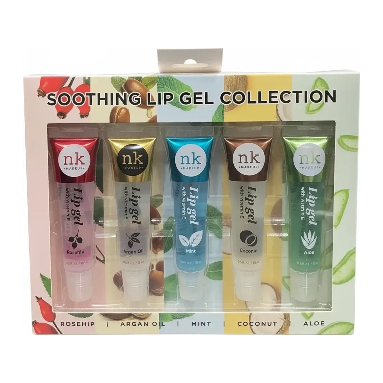 Nicka K Soothing Lip Gel Collection set of 5 lip gels in Rosehip, Argan Oil, Mint, Coconut and Aloe