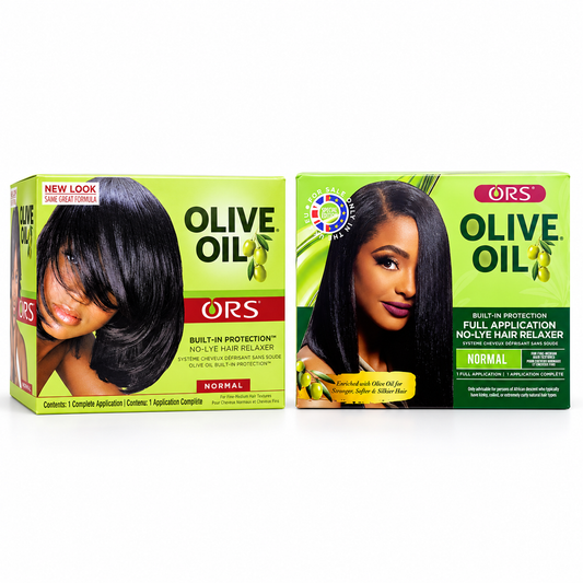 Two ORS Olive Oil Normal no-lye relaxer boxes in different packaging, side by side on a white background.