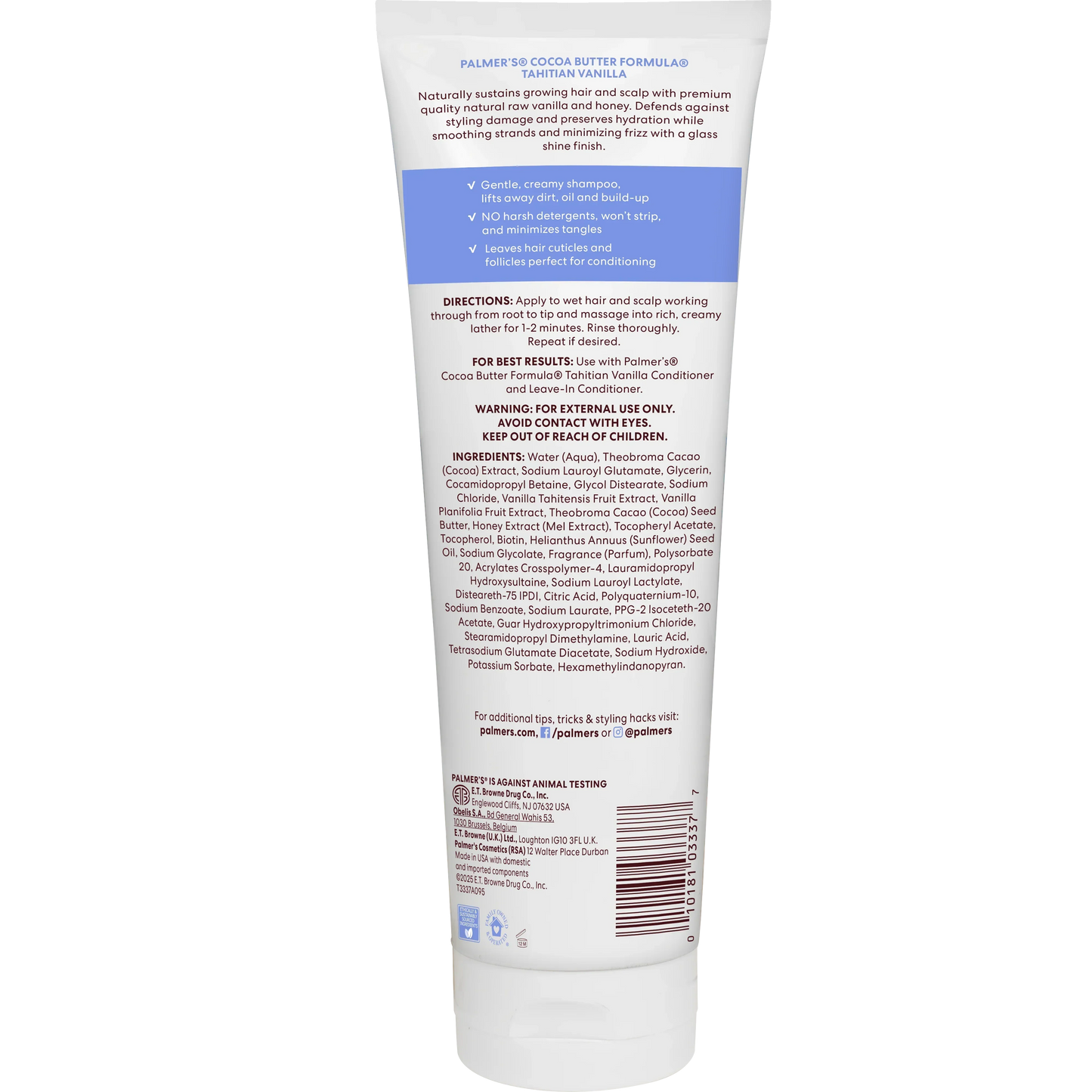 Palmers Cocoa Butter Formula Tahitian Vanilla Shampoo 313ml bottle back with ingredients