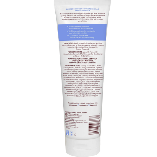 Palmers Cocoa Butter Formula Tahitian Vanilla Shampoo 313ml bottle back with ingredients