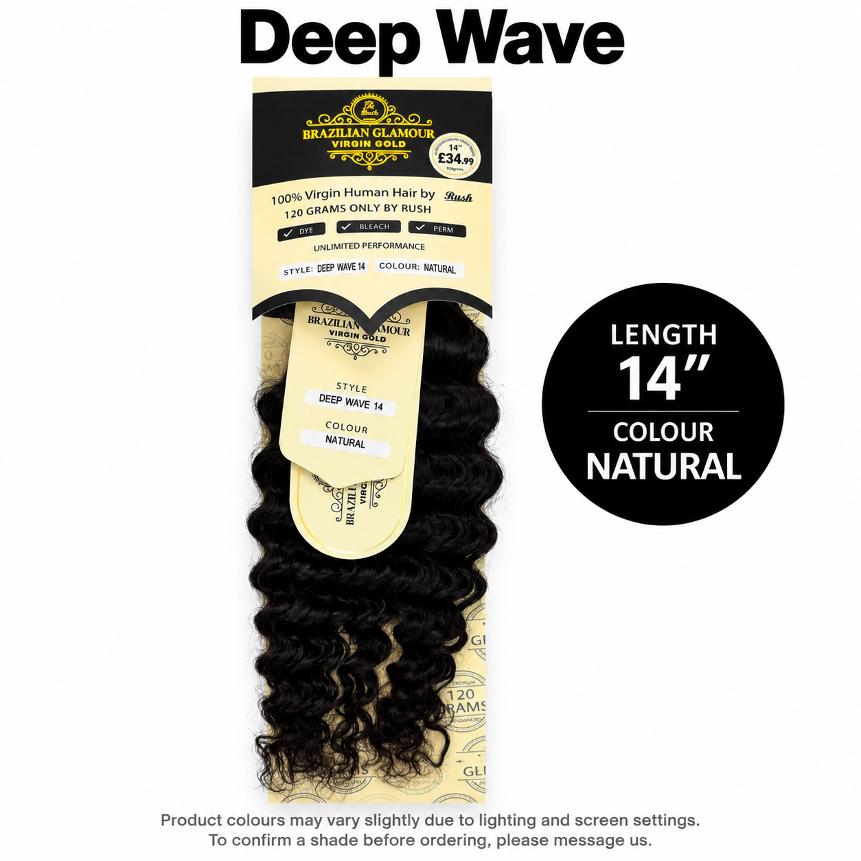 Rush Brazilian Glamour Virgin Gold Deep Wave human hair, 14 inches, Natural colour