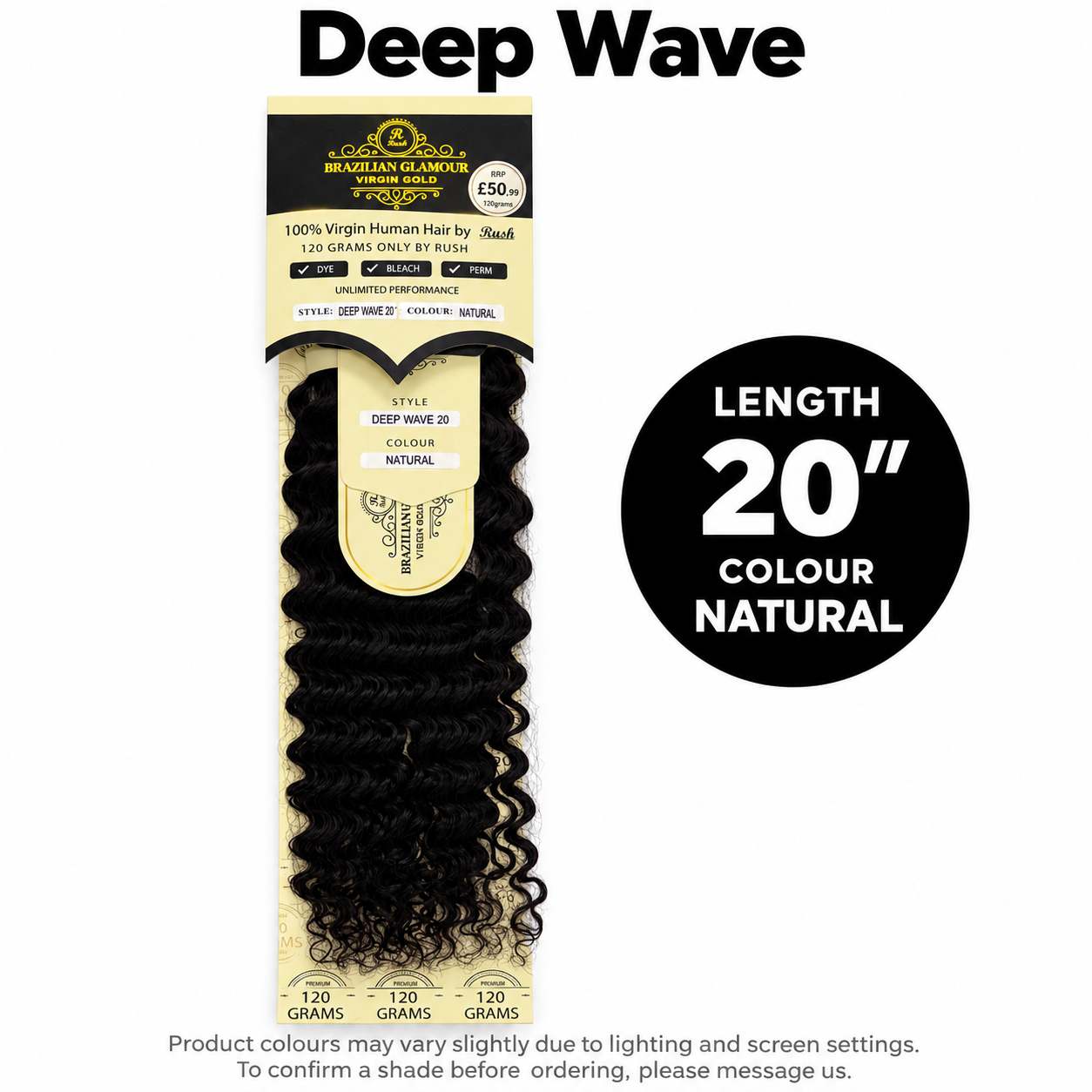 Rush Brazilian Glamour Virgin Gold Deep Wave human hair, 20 inches, Natural colour