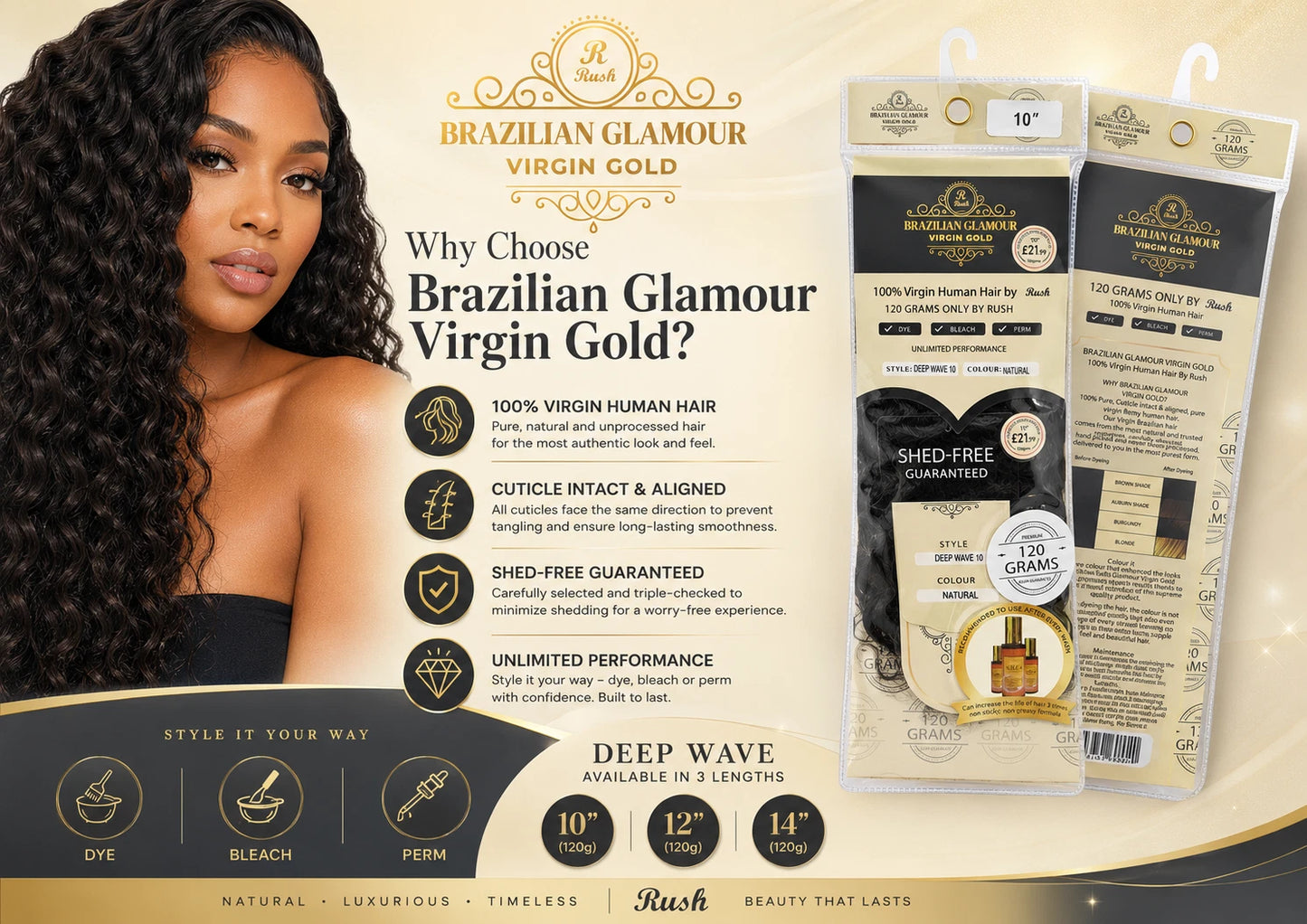 Rush Human Hair Brazilian Glamour Virgin Gold Deep Wave Bulk - Natural - view 3