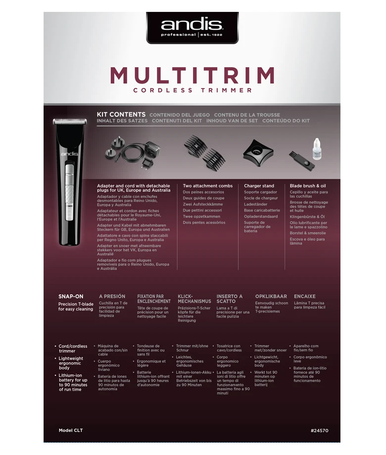 ANDIS PROFESSIONAL MULTITRIM CORDLESS TRIMMER 110-240V -  Black