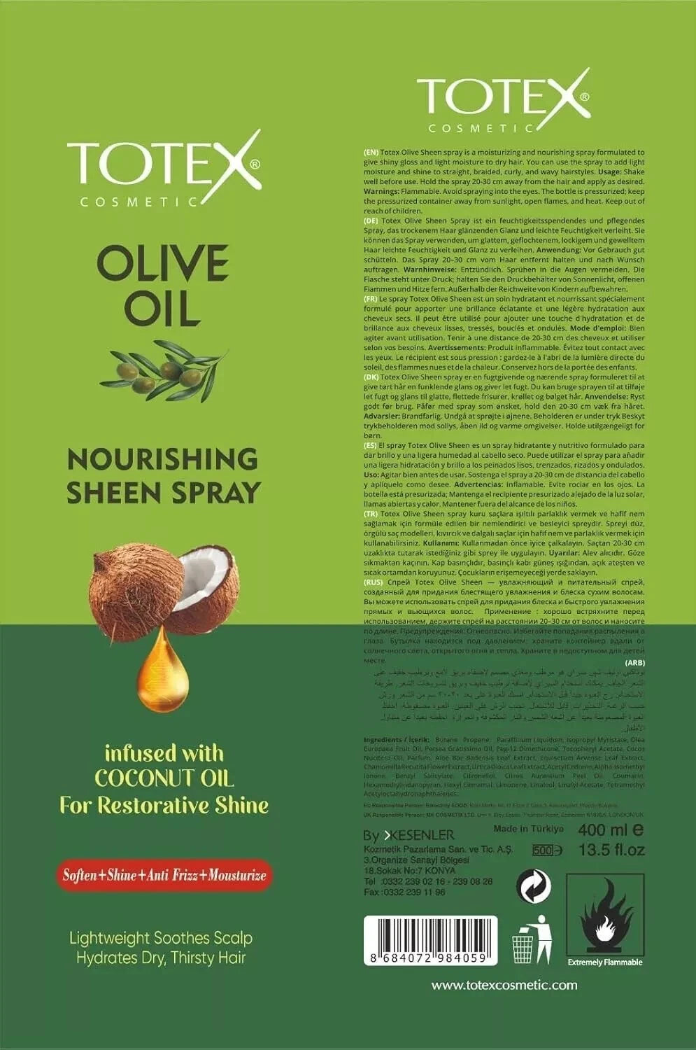 Totex Olive Oil Sheen Spray Infused With Coconut Oil Restorative Shine 400ml