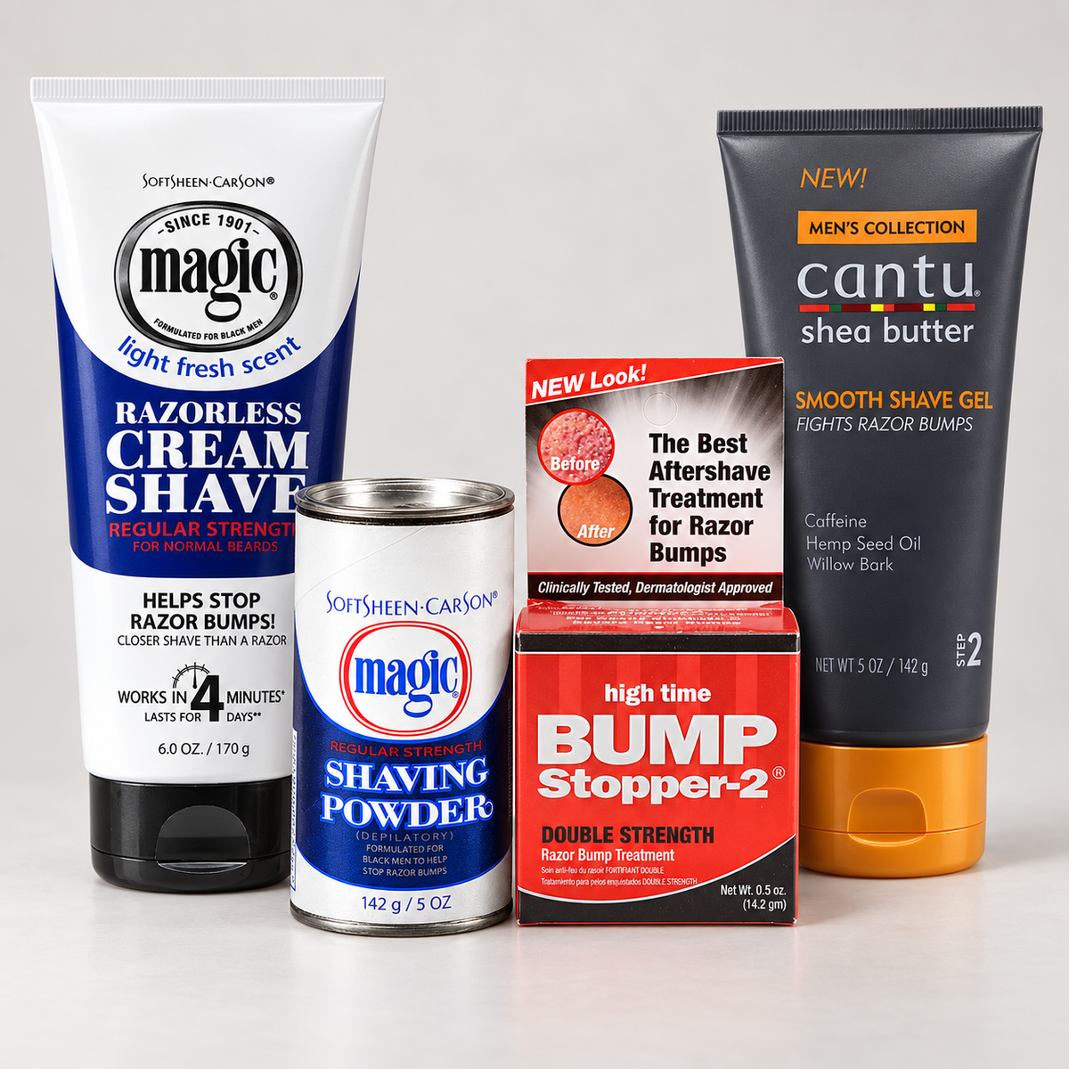 Magic shaving powder and cream, Bump Stopper-2 treatment and Cantu shave gel on a light studio background.