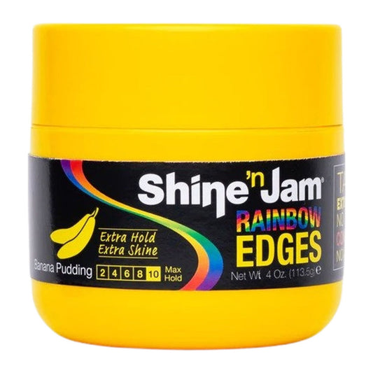 Shine N Jam Rainbow Edges Banana Pudding edge control gel in a 4oz jar