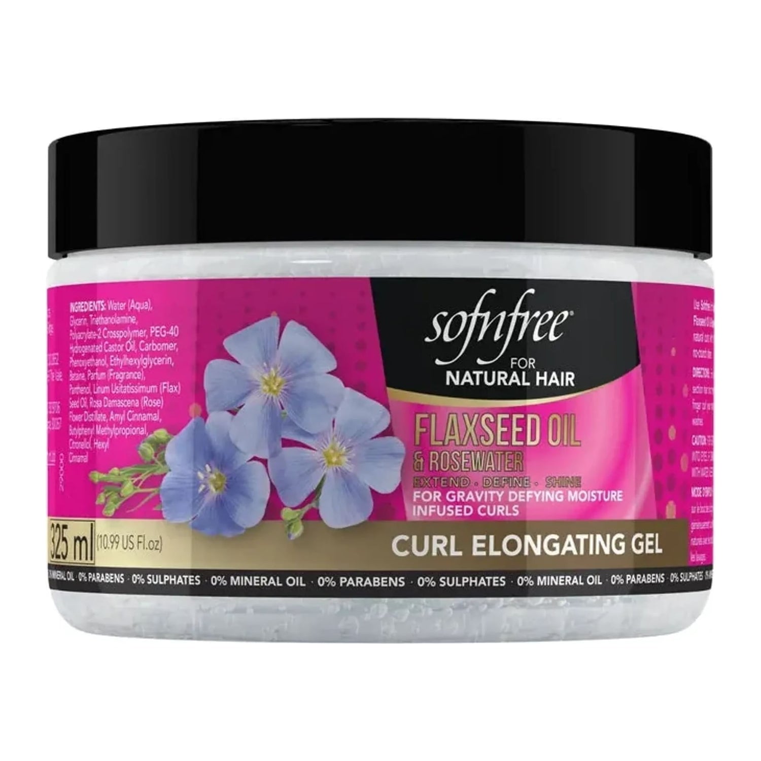 Sof N Free Flaxseed Oil & Rosewater Curl Elongating Gel 11oz jar for defined stretched curls