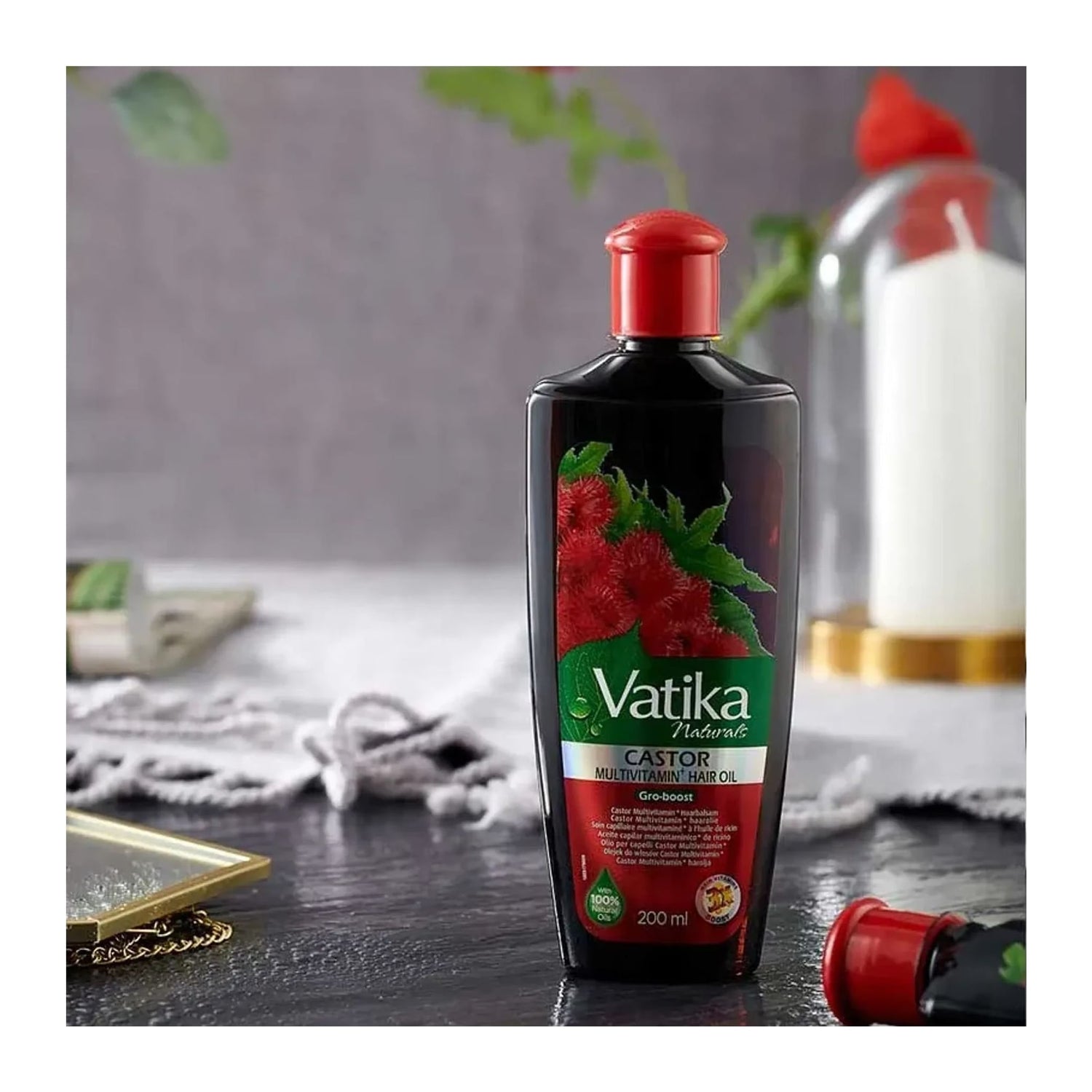 Dabur Vatika Naturals Castor Enriched Hair Oil 6.76oz bottle with rosemary and lemon oil