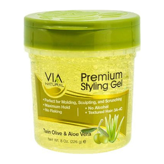 Via Natural Premium Styling Gel with Olive Oil and Aloe Vera 8oz jar for afro and textured hair