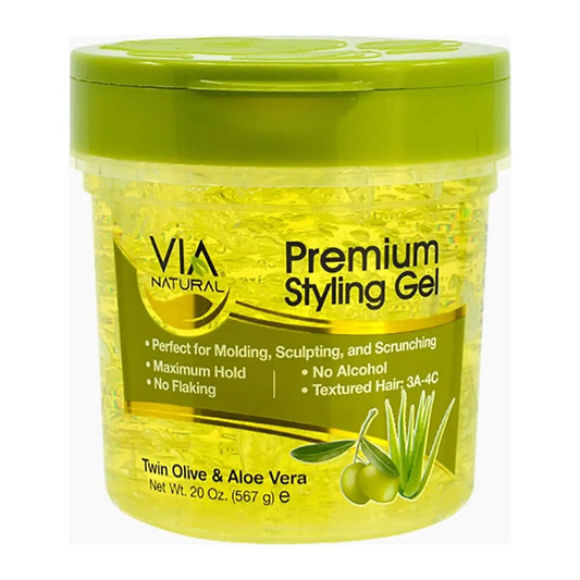 Via Natural Premium Olive Styling Gel 591ml tub with aloe vera for finger coils, twists and sleek styles